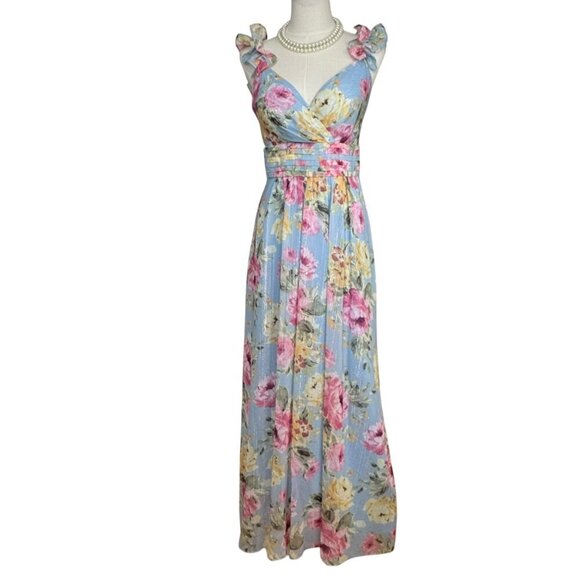 Jessica Howard Maxi Ruffled Shoulder Floral Dress in  Blue & Pink. SZ: 4/P - Picture 1 of 11